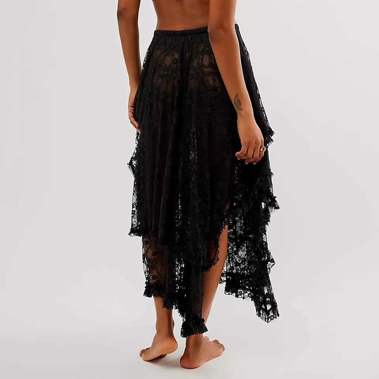Women Lace Long Skirts Elastic Asymmetrical Layered See-Through Maxi Skirts Sexy Sheer Flowy Beach Cover-up Skirts