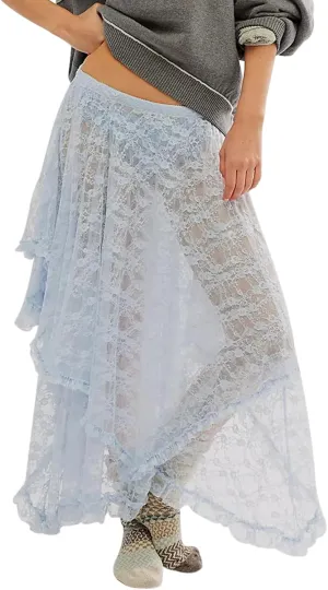 Women Lace Long Skirts Elastic Asymmetrical Layered See-Through Maxi Skirts Sexy Sheer Flowy Beach Cover-up Skirts