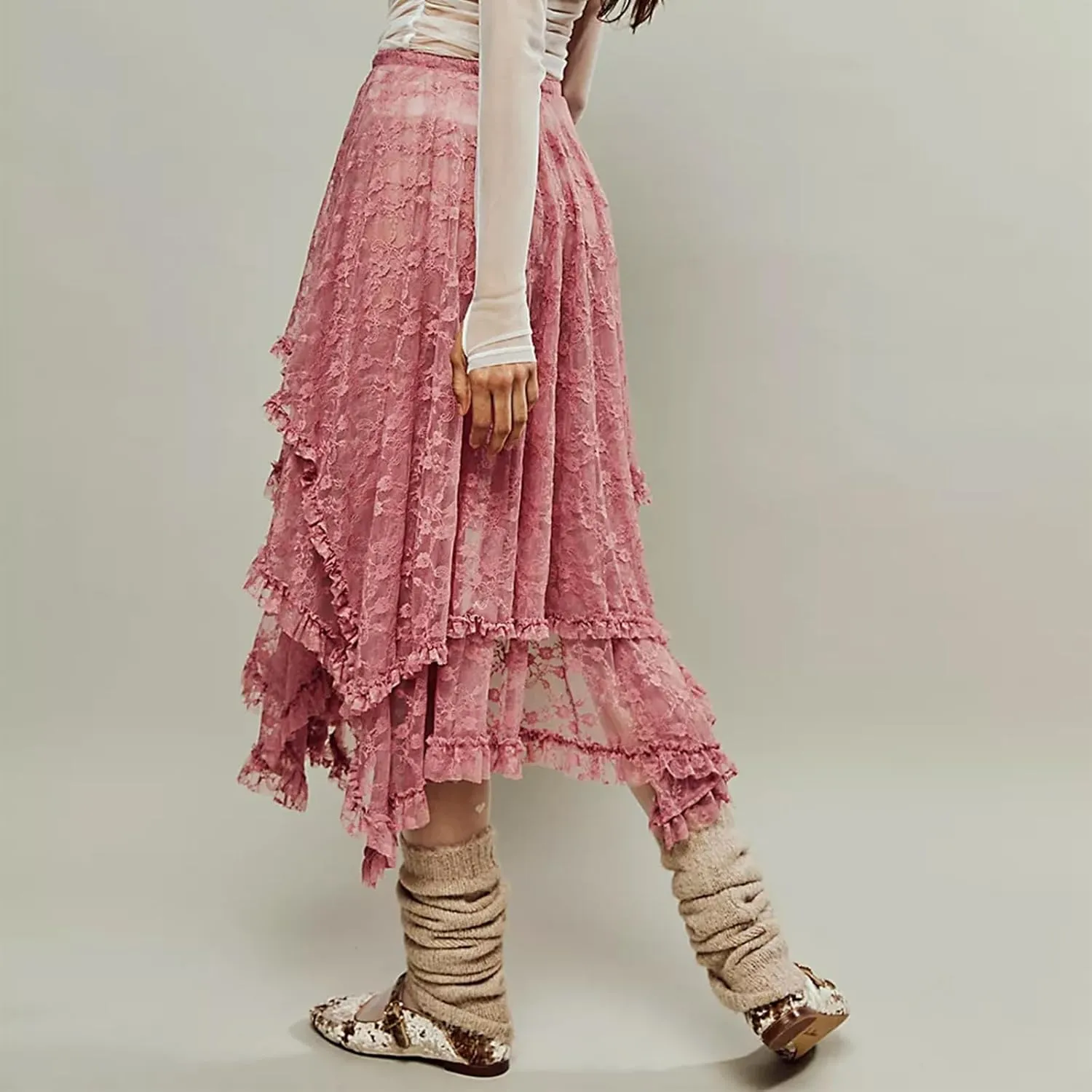 Women Lace Long Skirts Elastic Asymmetrical Layered See-Through Maxi Skirts Sexy Sheer Flowy Beach Cover-up Skirts