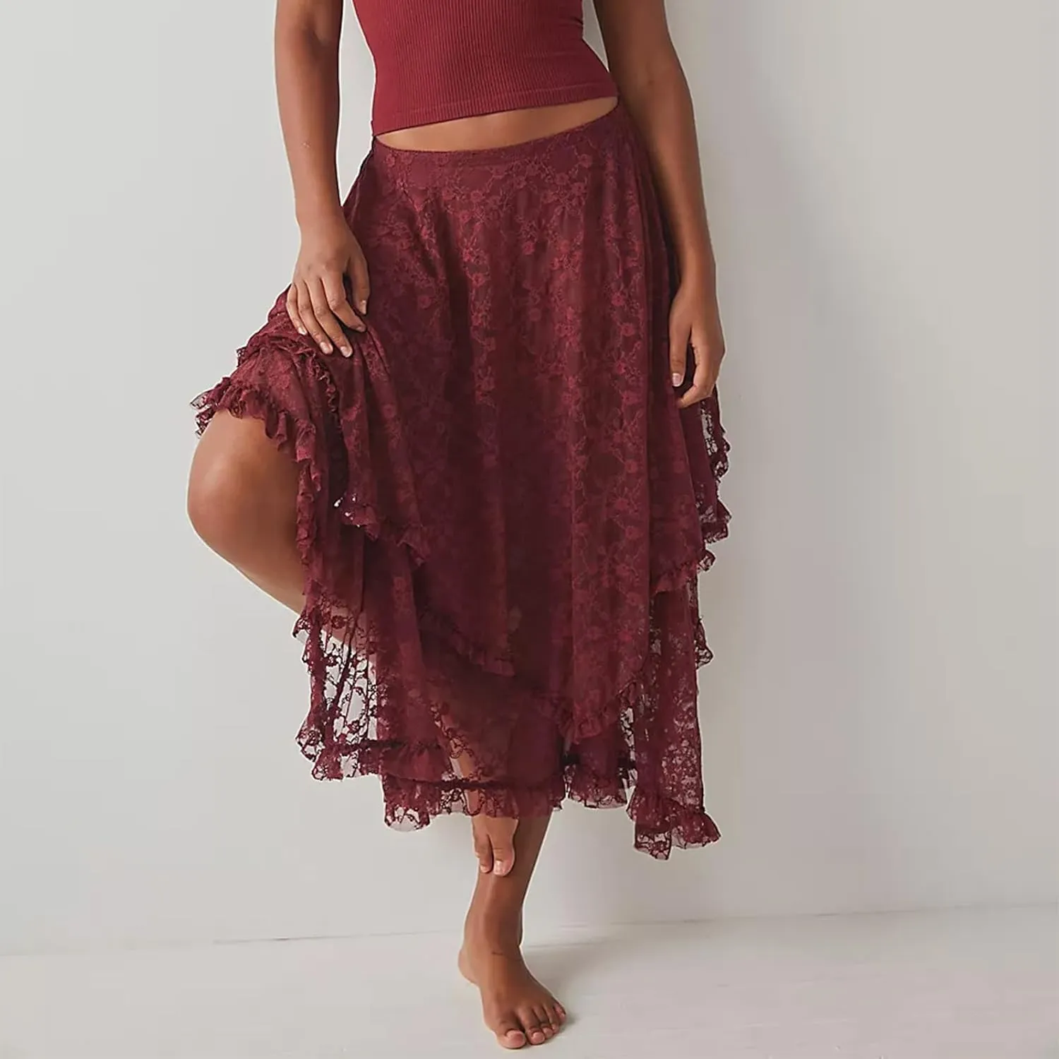 Women Lace Long Skirts Elastic Asymmetrical Layered See-Through Maxi Skirts Sexy Sheer Flowy Beach Cover-up Skirts