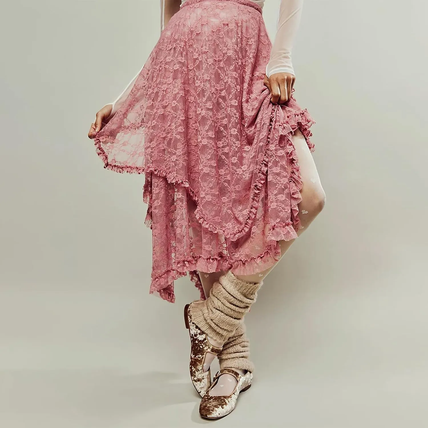 Women Lace Long Skirts Elastic Asymmetrical Layered See-Through Maxi Skirts Sexy Sheer Flowy Beach Cover-up Skirts