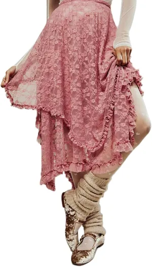 Women Lace Long Skirts Elastic Asymmetrical Layered See-Through Maxi Skirts Sexy Sheer Flowy Beach Cover-up Skirts