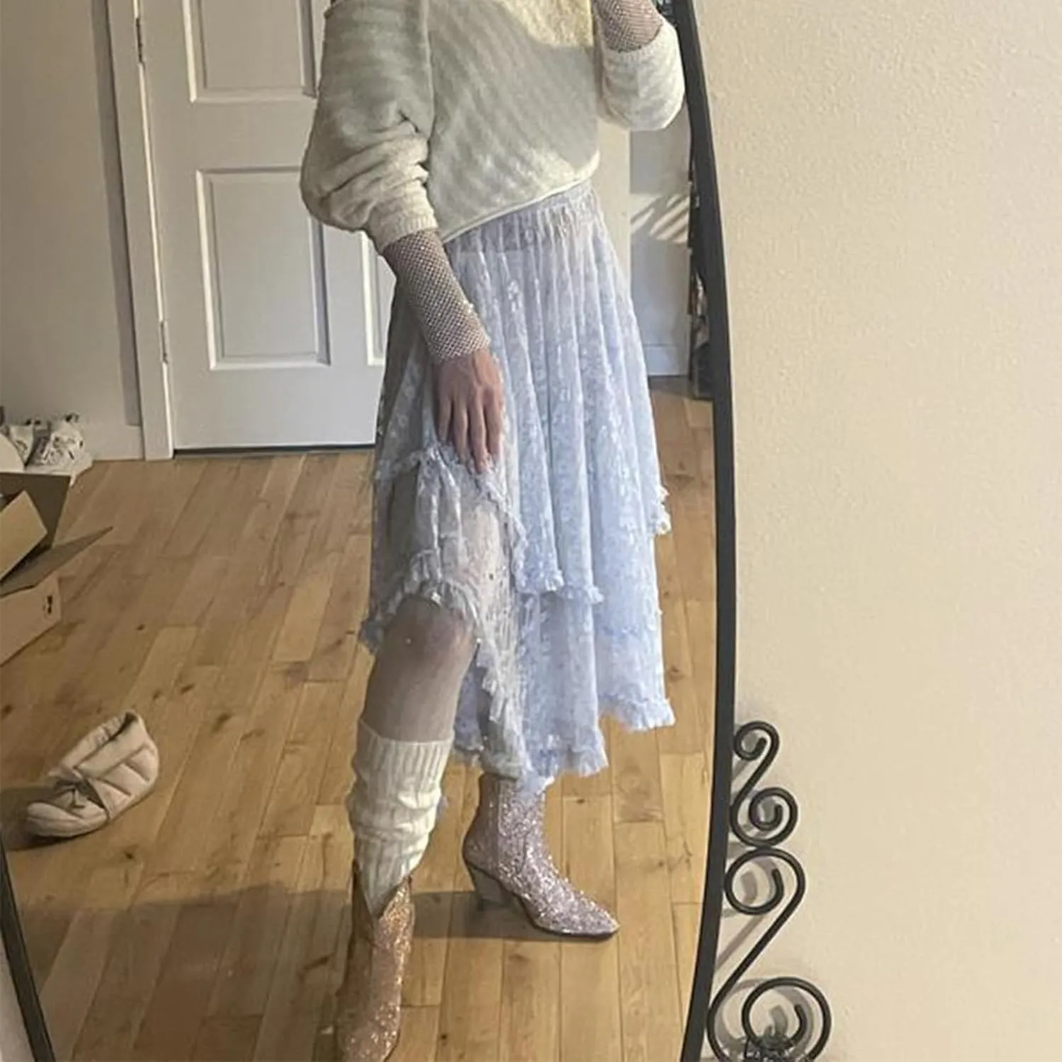 Women Lace Long Skirts Elastic Asymmetrical Layered See-Through Maxi Skirts Sexy Sheer Flowy Beach Cover-up Skirts