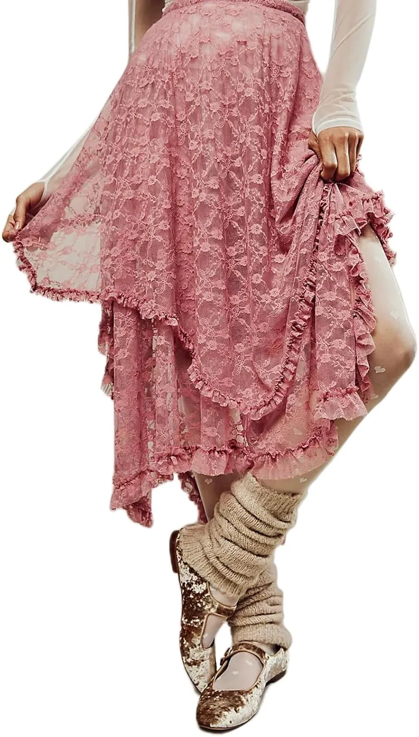 Women Lace Long Skirts Elastic Asymmetrical Layered See-Through Maxi Skirts Sexy Sheer Flowy Beach Cover-up Skirts