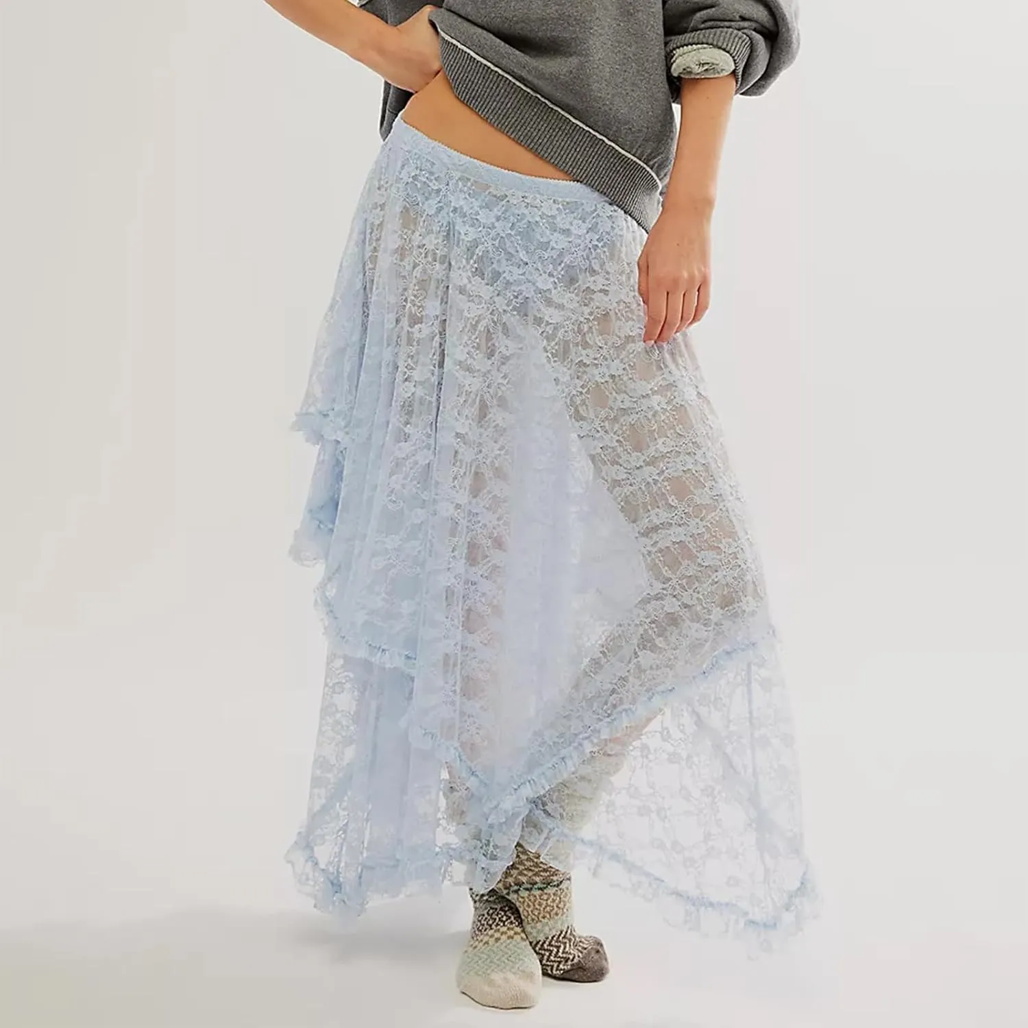 Women Lace Long Skirts Elastic Asymmetrical Layered See-Through Maxi Skirts Sexy Sheer Flowy Beach Cover-up Skirts