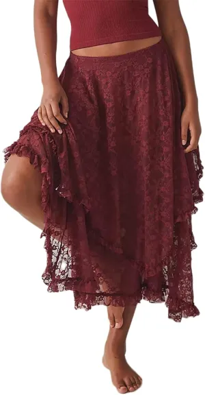 Women Lace Long Skirts Elastic Asymmetrical Layered See-Through Maxi Skirts Sexy Sheer Flowy Beach Cover-up Skirts