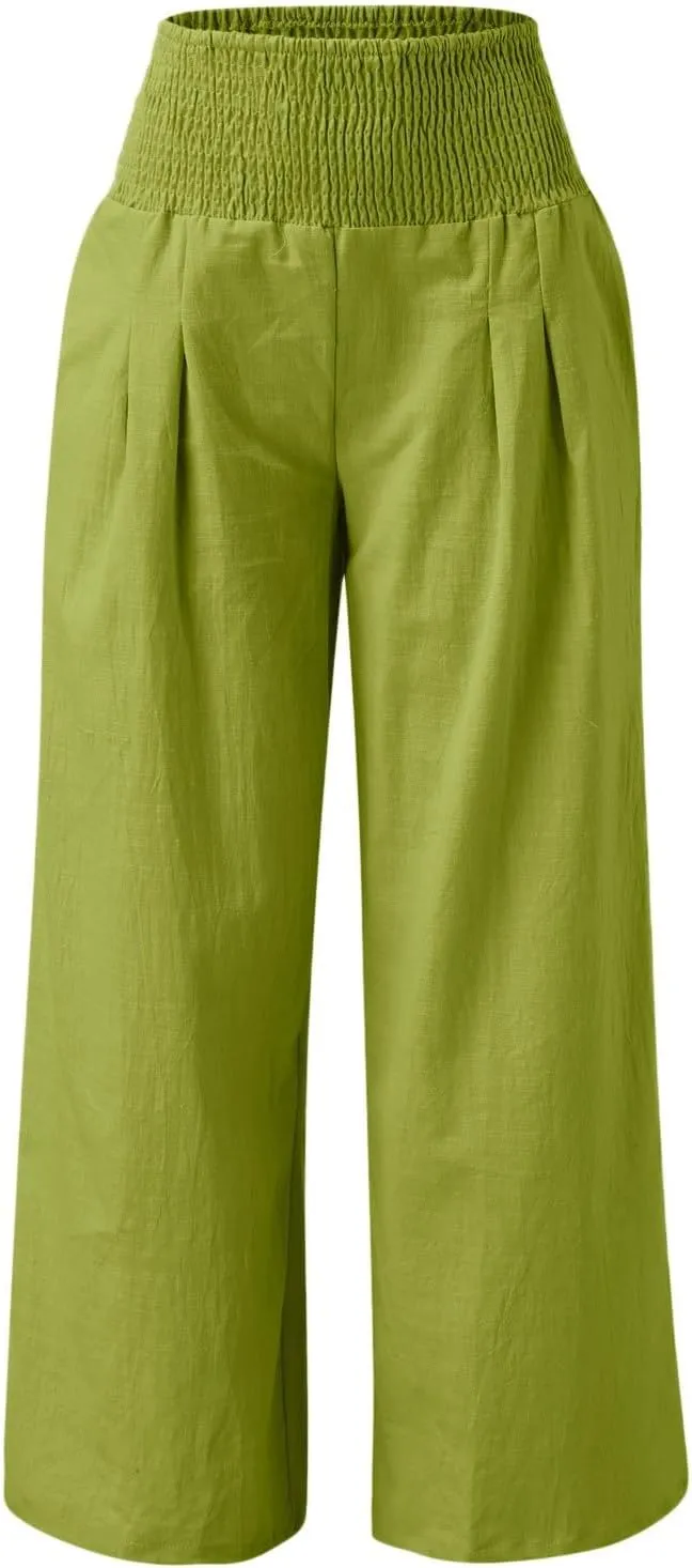 Women Linen Palazzo Pants Boho Wide Leg Casual Pants Lounge Trousers High Waist Straight Leg Comfy Pants with Pocket