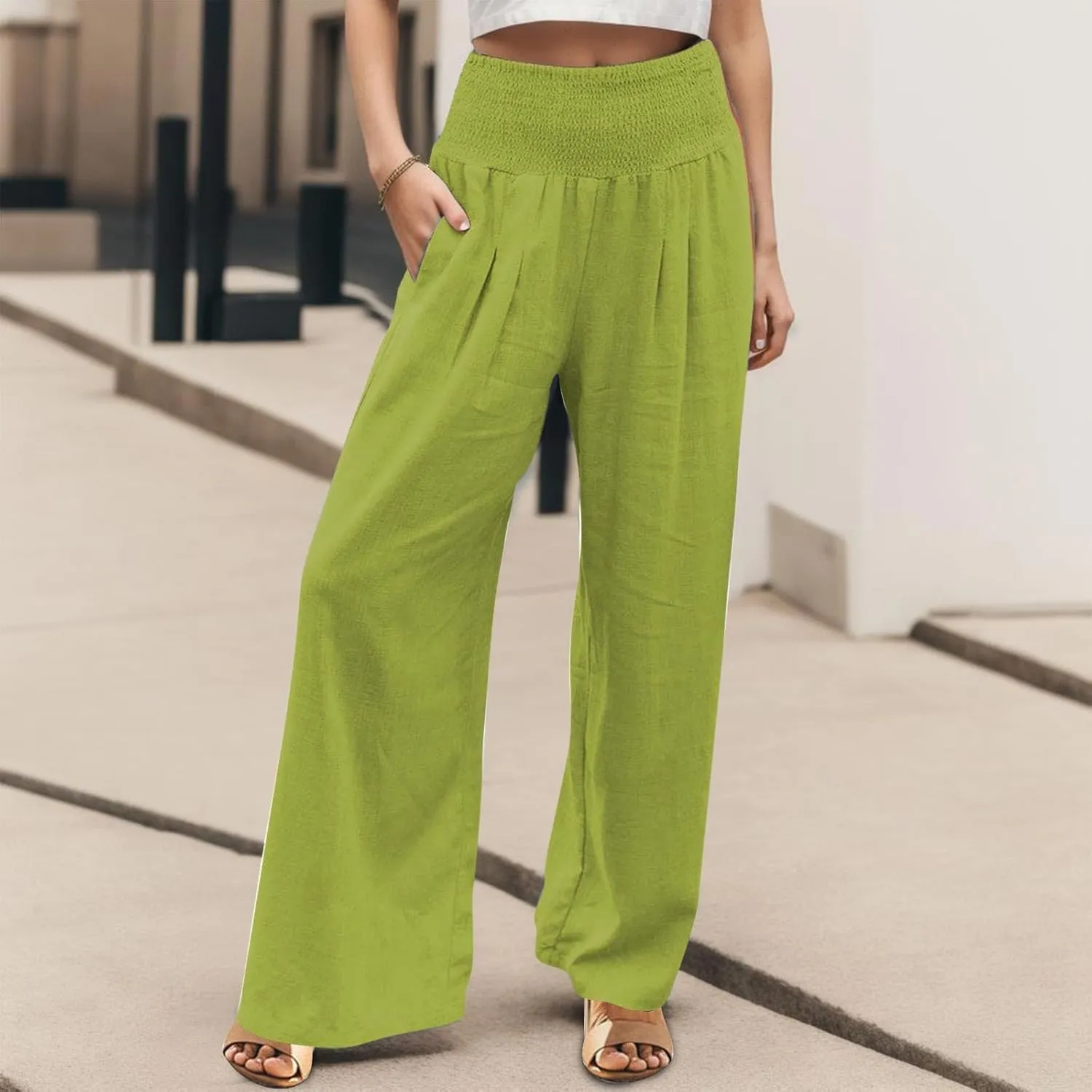 Women Linen Palazzo Pants Boho Wide Leg Casual Pants Lounge Trousers High Waist Straight Leg Comfy Pants with Pocket