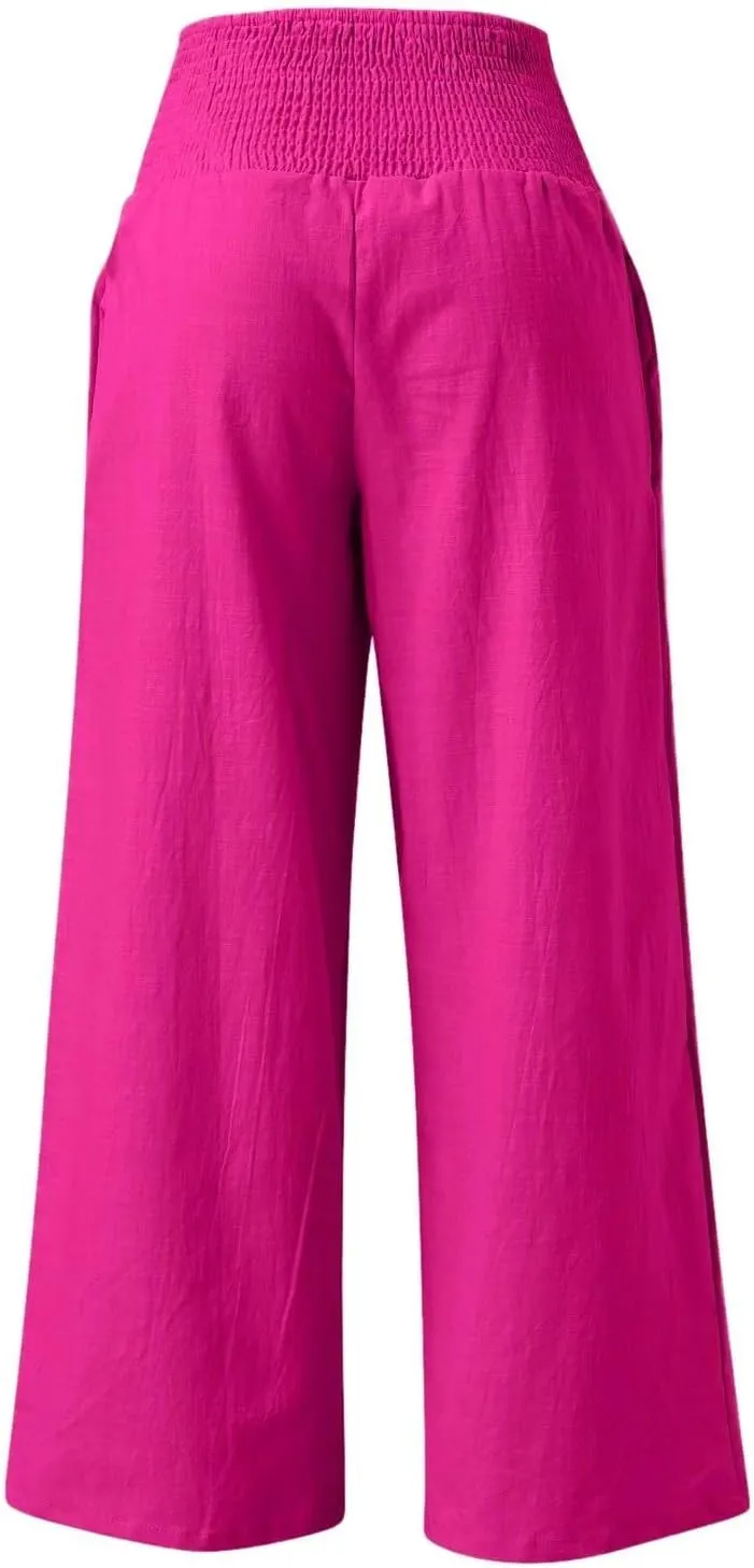 Women Linen Palazzo Pants Boho Wide Leg Casual Pants Lounge Trousers High Waist Straight Leg Comfy Pants with Pocket