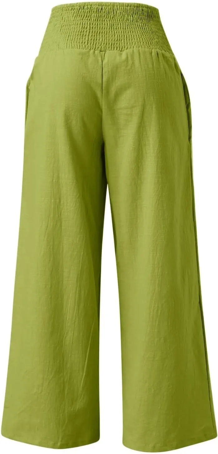 Women Linen Palazzo Pants Boho Wide Leg Casual Pants Lounge Trousers High Waist Straight Leg Comfy Pants with Pocket