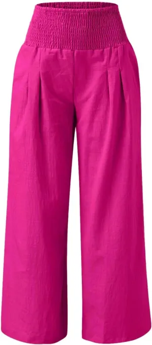 Women Linen Palazzo Pants Boho Wide Leg Casual Pants Lounge Trousers High Waist Straight Leg Comfy Pants with Pocket