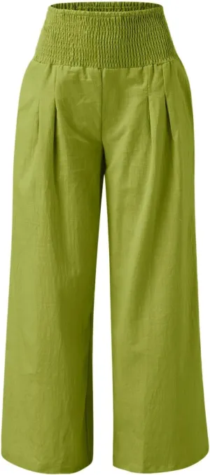 Women Linen Palazzo Pants Boho Wide Leg Casual Pants Lounge Trousers High Waist Straight Leg Comfy Pants with Pocket