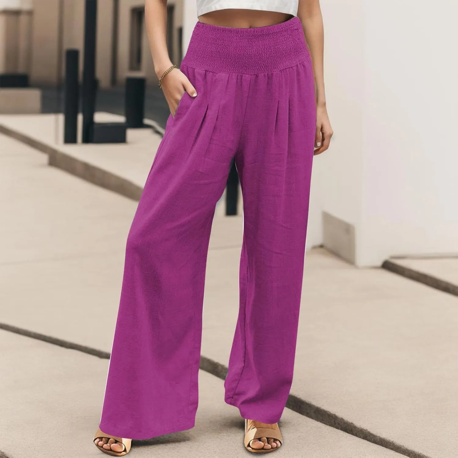 Women Linen Palazzo Pants Boho Wide Leg Casual Pants Lounge Trousers High Waist Straight Leg Comfy Pants with Pocket