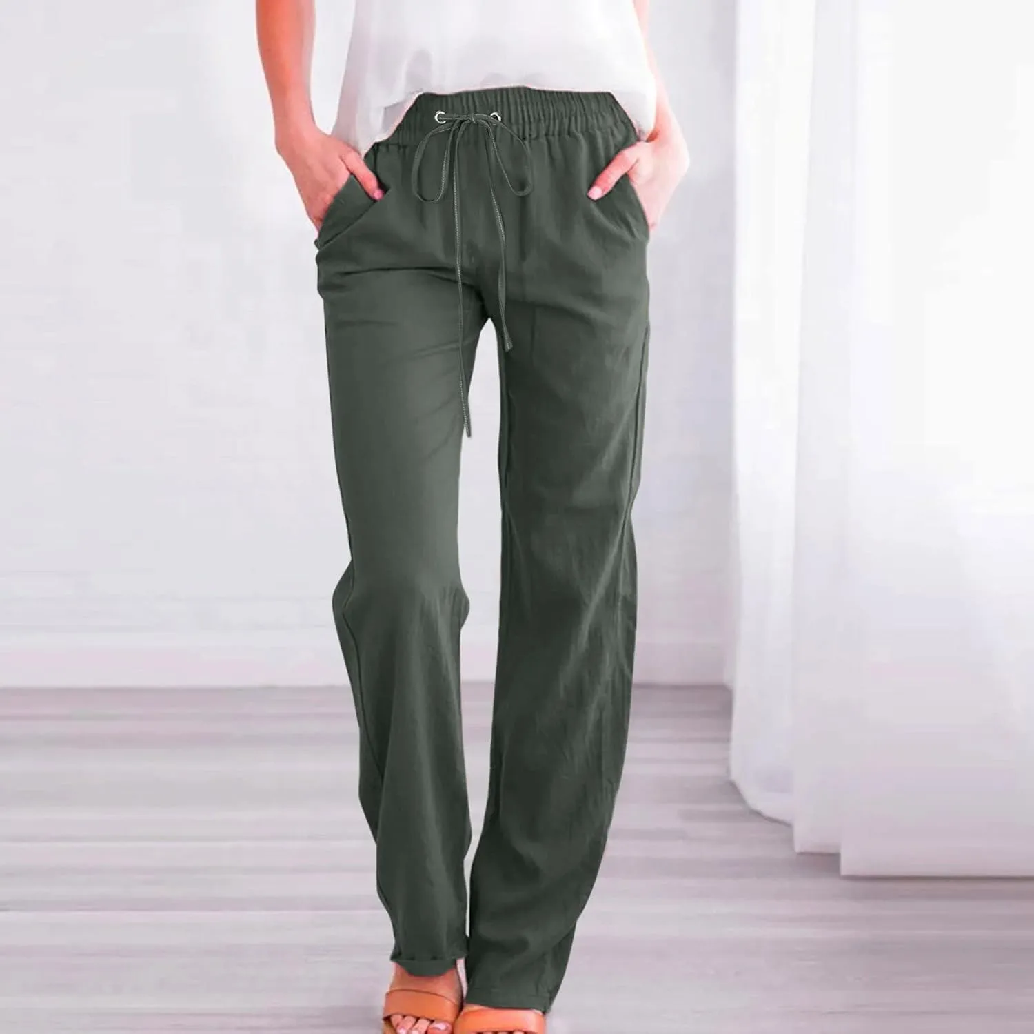 Women Linen Pants 2025 Summer Casual High Waist Drawstring Wide Leg Trousers with Pockets Beach Vacation Clothes