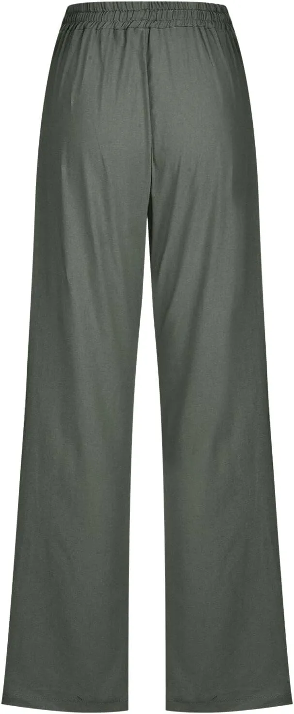 Women Linen Pants 2025 Summer Casual High Waist Drawstring Wide Leg Trousers with Pockets Beach Vacation Clothes