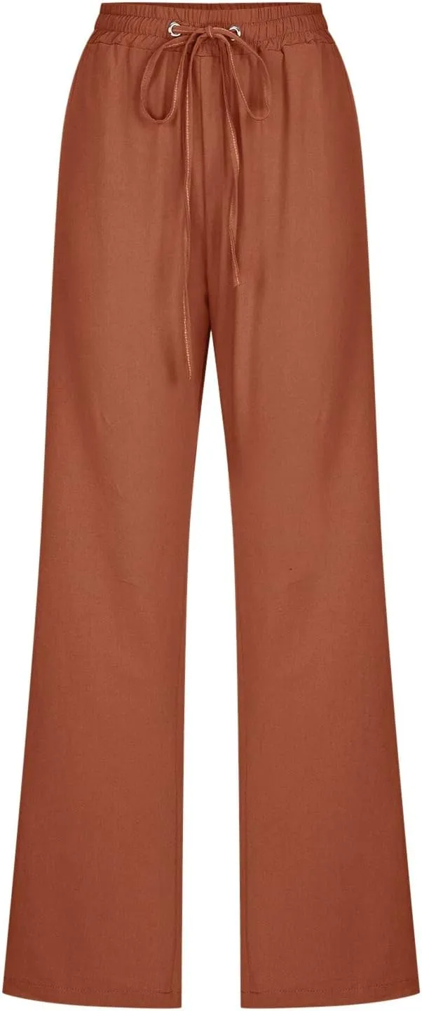 Women Linen Summer Casual Flowy Palazzo Pants Elastic Waist Lounge Pants Loose Fit Pants Beach