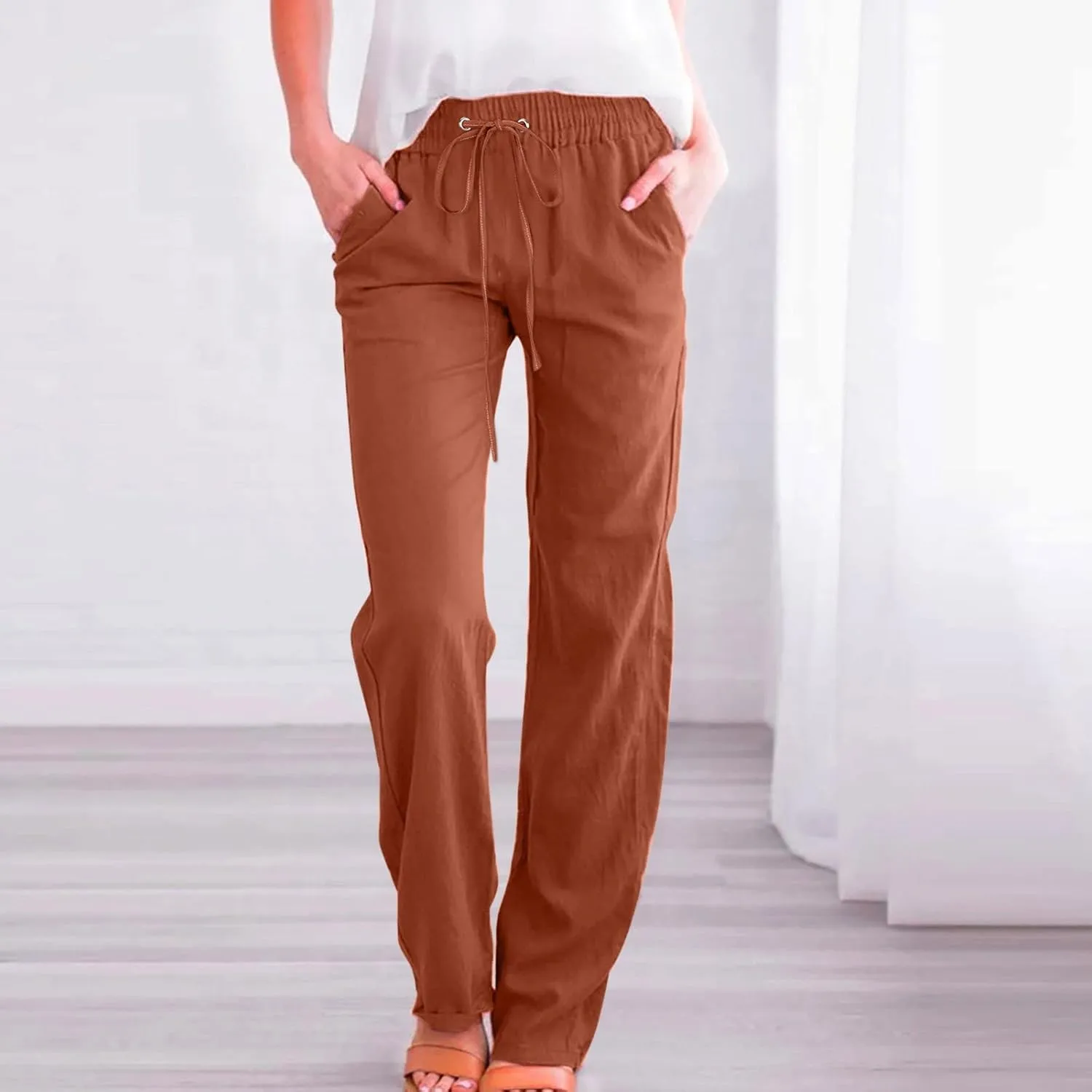 Women Linen Summer Casual Flowy Palazzo Pants Elastic Waist Lounge Pants Loose Fit Pants Beach