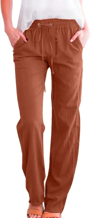 Women Linen Summer Casual Flowy Palazzo Pants Elastic Waist Lounge Pants Loose Fit Pants Beach