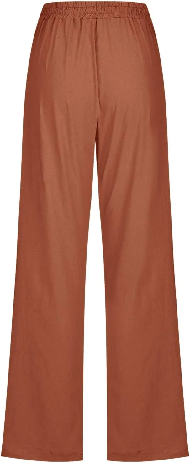 Women Linen Summer Casual Flowy Palazzo Pants Elastic Waist Lounge Pants Loose Fit Pants Beach