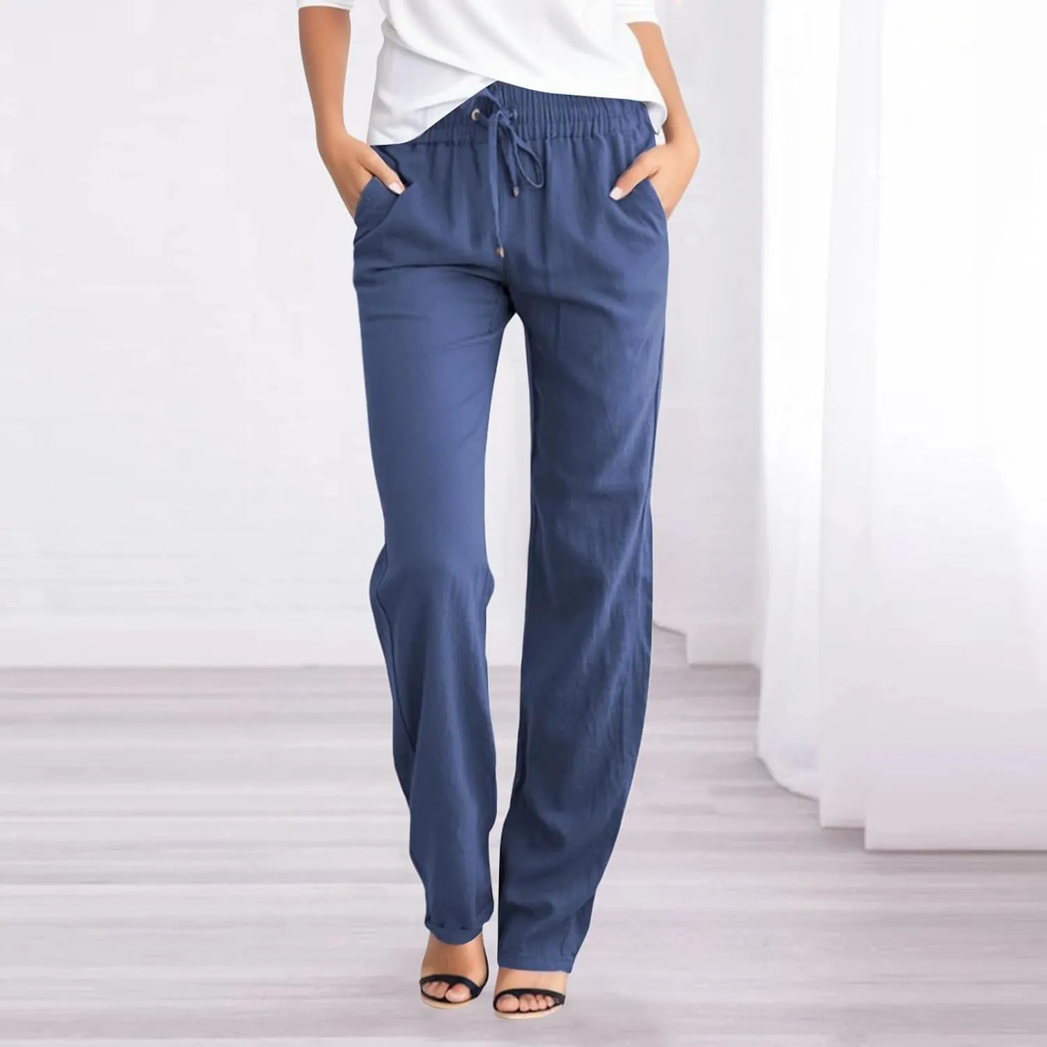 Women Linen Summer Tie Knot Palazzo Pants Low Waist Long Lounge Slim-Fit Palazzo Pants Travel