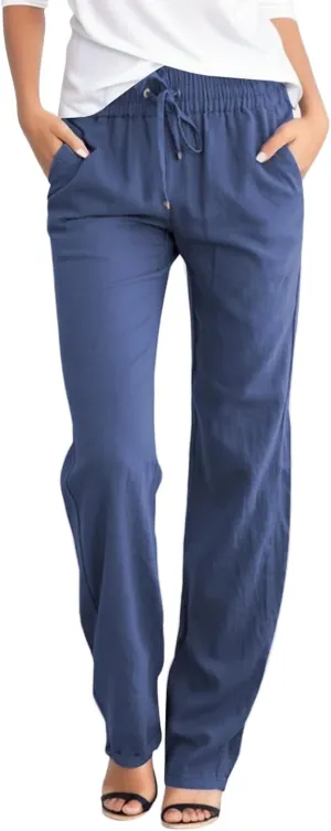 Women Linen Summer Tie Knot Palazzo Pants Low Waist Long Lounge Slim-Fit Palazzo Pants Travel