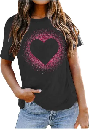 Women Love Heart Graphic Tees Shirt Short Sleeve Tops Tshirts Regular Fit Tunic Blouse Cute Funny Gift Clothes 2023