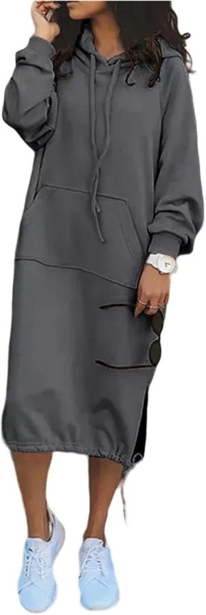Women Maxi Hoodies Dress Casual Long Dresses Fashion Split Hem Drawstring Hooded Long Sleeve Sweatshirt with Pockets