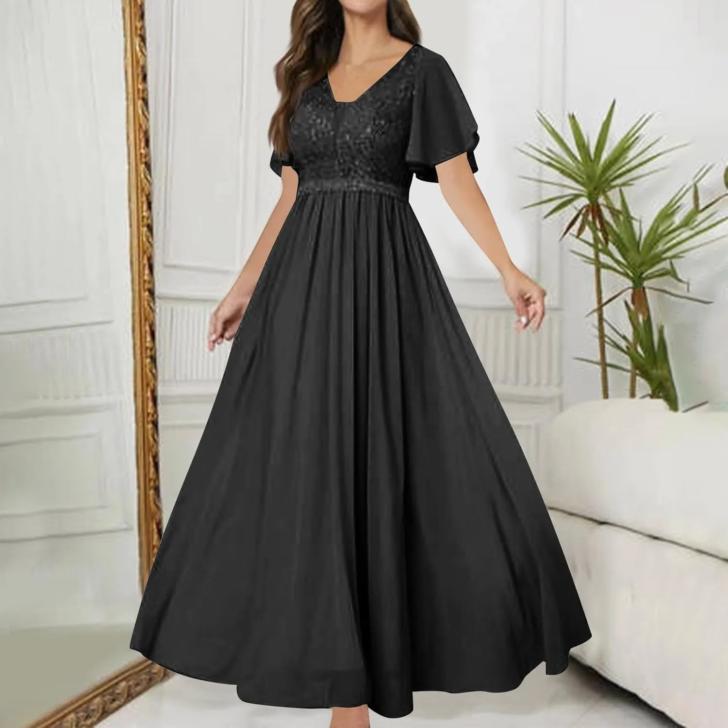 Women Sequins Mesh Formal Dress Pleated A-Line Evening Gown Short Sleeve V Neck Bridesmaids Empire Waist Swing Dress