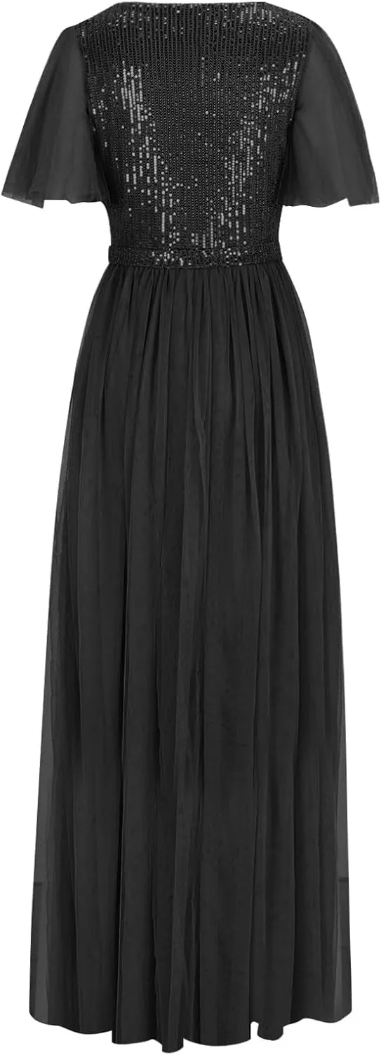 Women Sequins Mesh Formal Dress Pleated A-Line Evening Gown Short Sleeve V Neck Bridesmaids Empire Waist Swing Dress