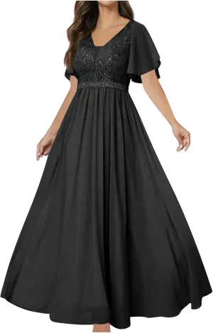 Women Sequins Mesh Formal Dress Pleated A-Line Evening Gown Short Sleeve V Neck Bridesmaids Empire Waist Swing Dress