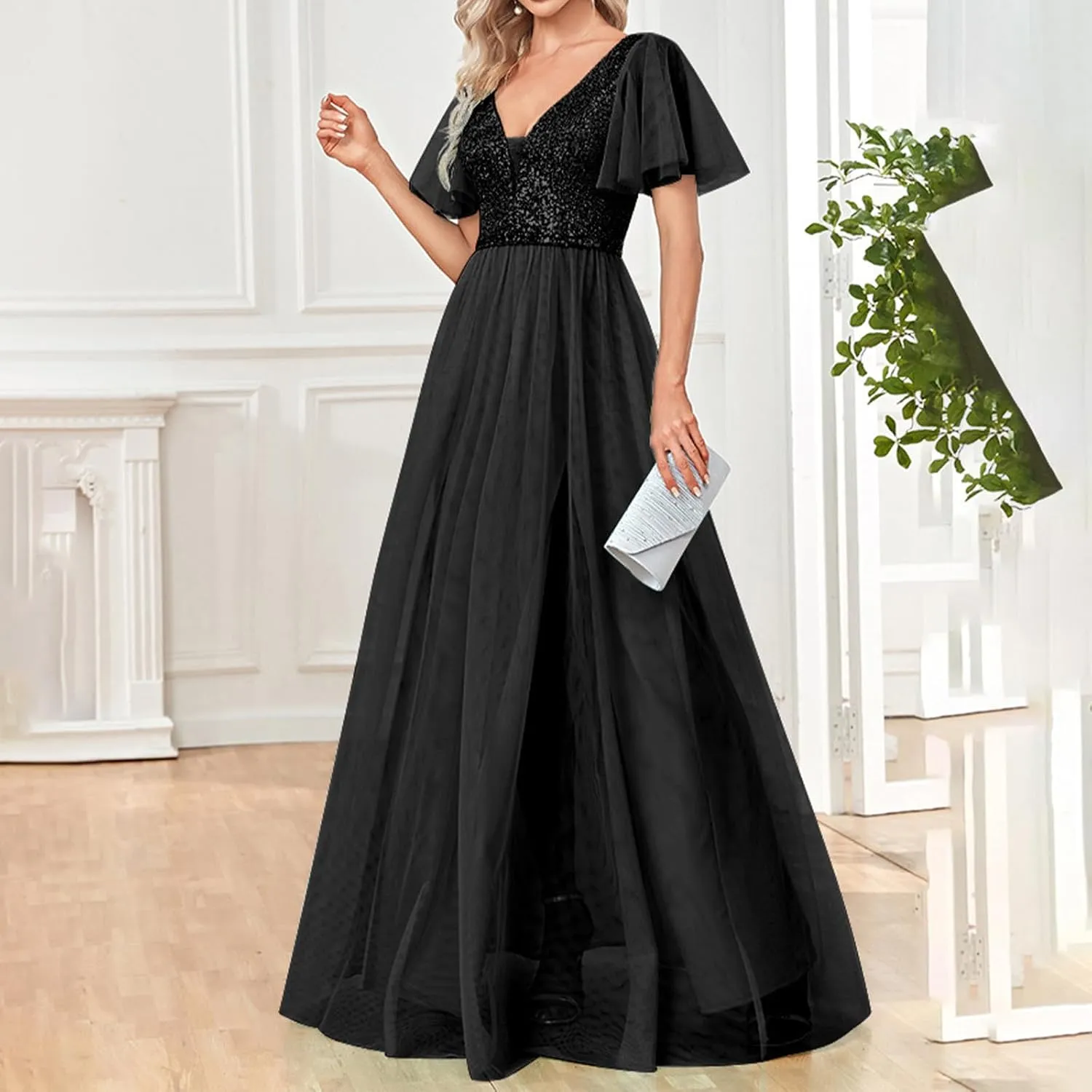Women Sequins Mesh Formal Dress Pleated A-Line Evening Gown Short Sleeve V Neck Bridesmaids Empire Waist Swing Dress