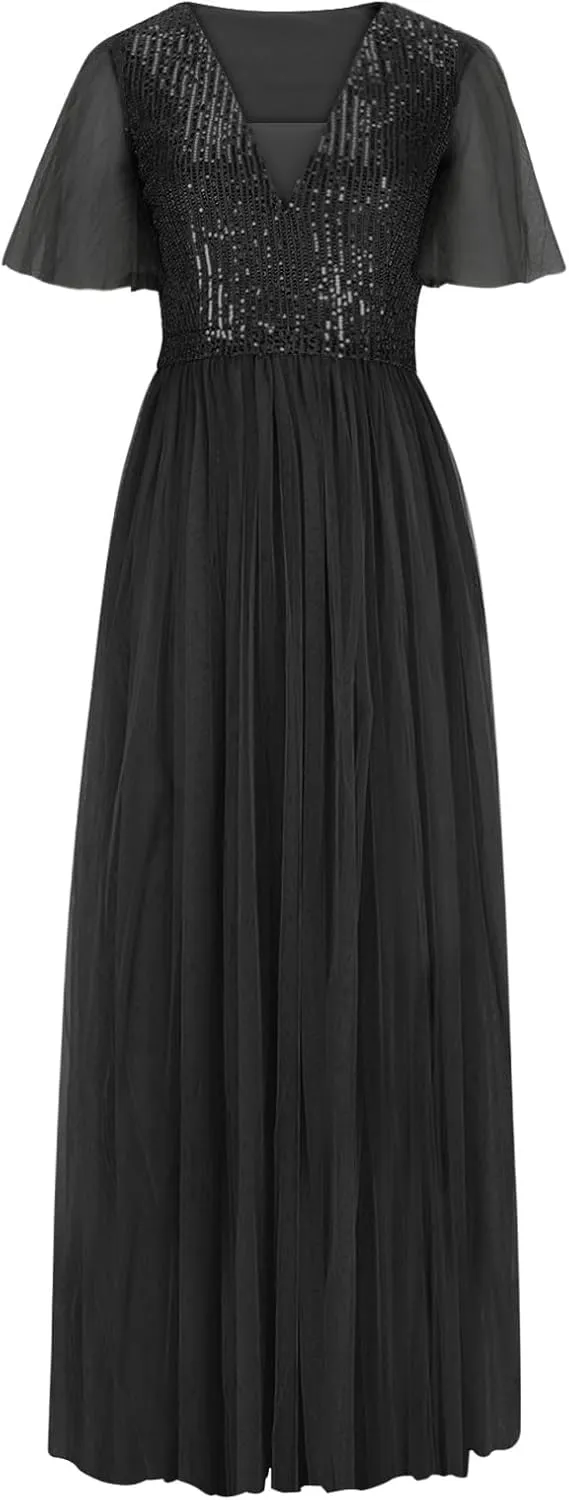 Women Sequins Mesh Formal Dress Pleated A-Line Evening Gown Short Sleeve V Neck Bridesmaids Empire Waist Swing Dress
