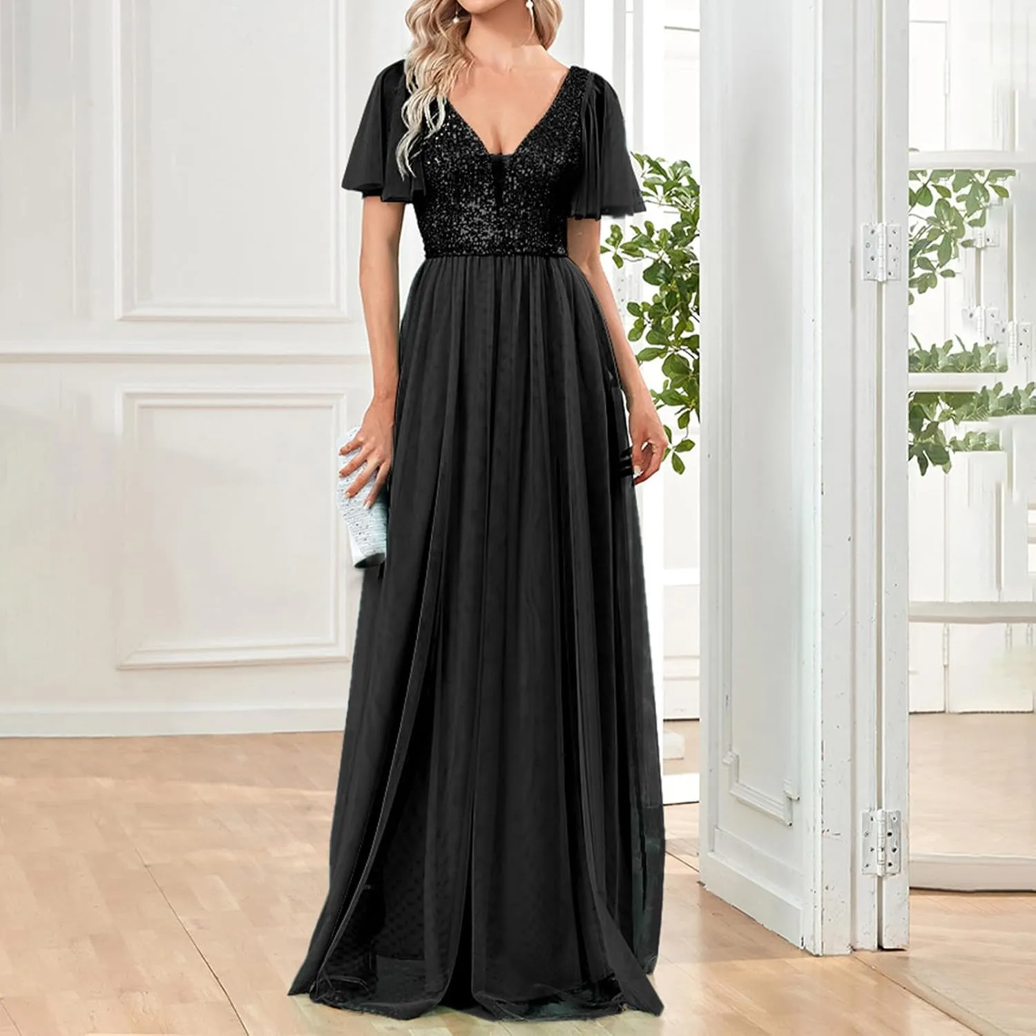 Women Sequins Mesh Formal Dress Pleated A-Line Evening Gown Short Sleeve V Neck Bridesmaids Empire Waist Swing Dress