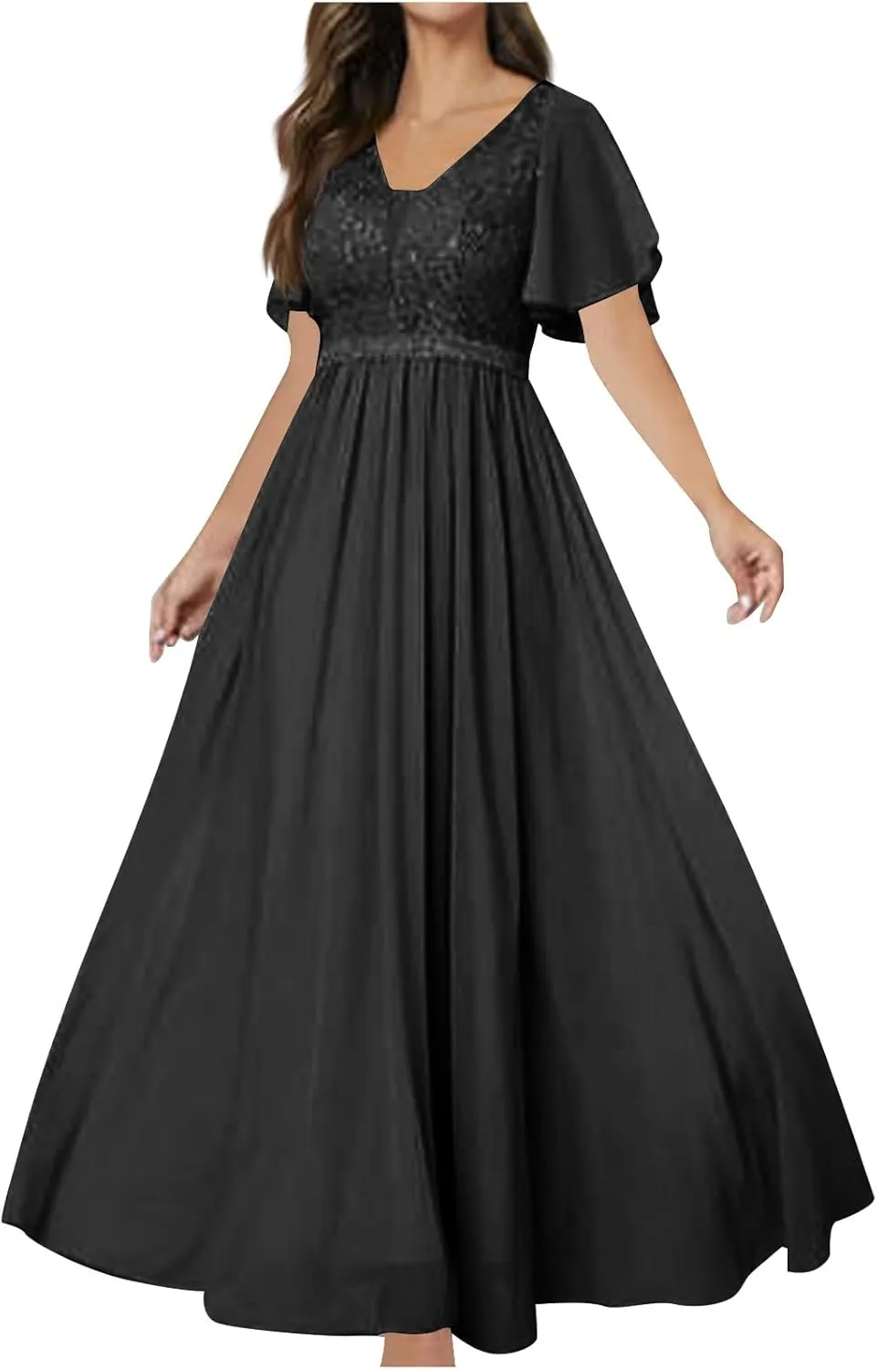 Women Sequins Mesh Formal Dress Pleated A-Line Evening Gown Short Sleeve V Neck Bridesmaids Empire Waist Swing Dress