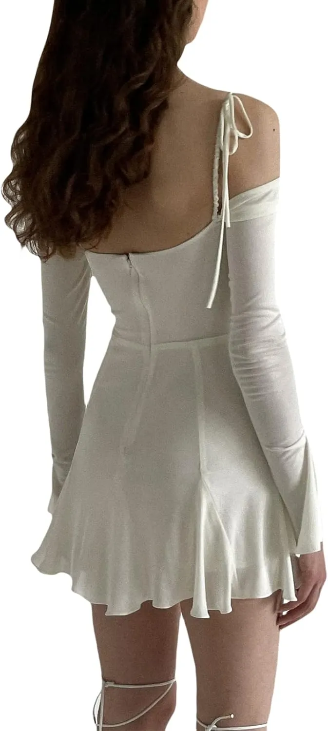 Women Sexy Mesh Slip Mini Dress V Neck Ruffle Floral Dress Long Sleeve Bodycon Party Cocktail Dress