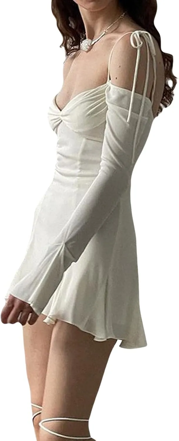 Women Sexy Mesh Slip Mini Dress V Neck Ruffle Floral Dress Long Sleeve Bodycon Party Cocktail Dress