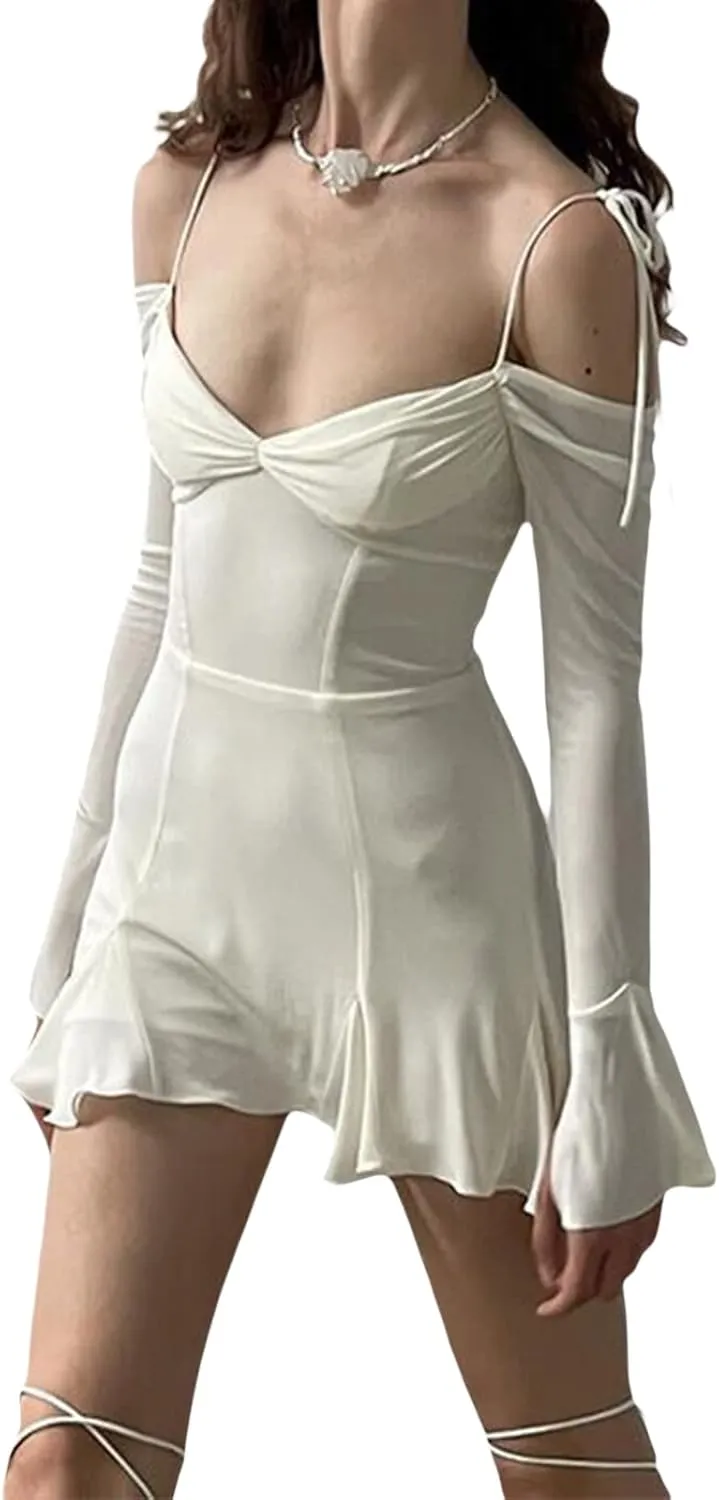 Women Sexy Mesh Slip Mini Dress V Neck Ruffle Floral Dress Long Sleeve Bodycon Party Cocktail Dress