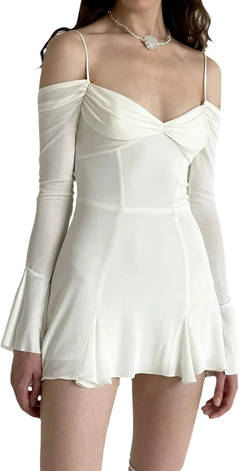 Women Sexy Mesh Slip Mini Dress V Neck Ruffle Floral Dress Long Sleeve Bodycon Party Cocktail Dress
