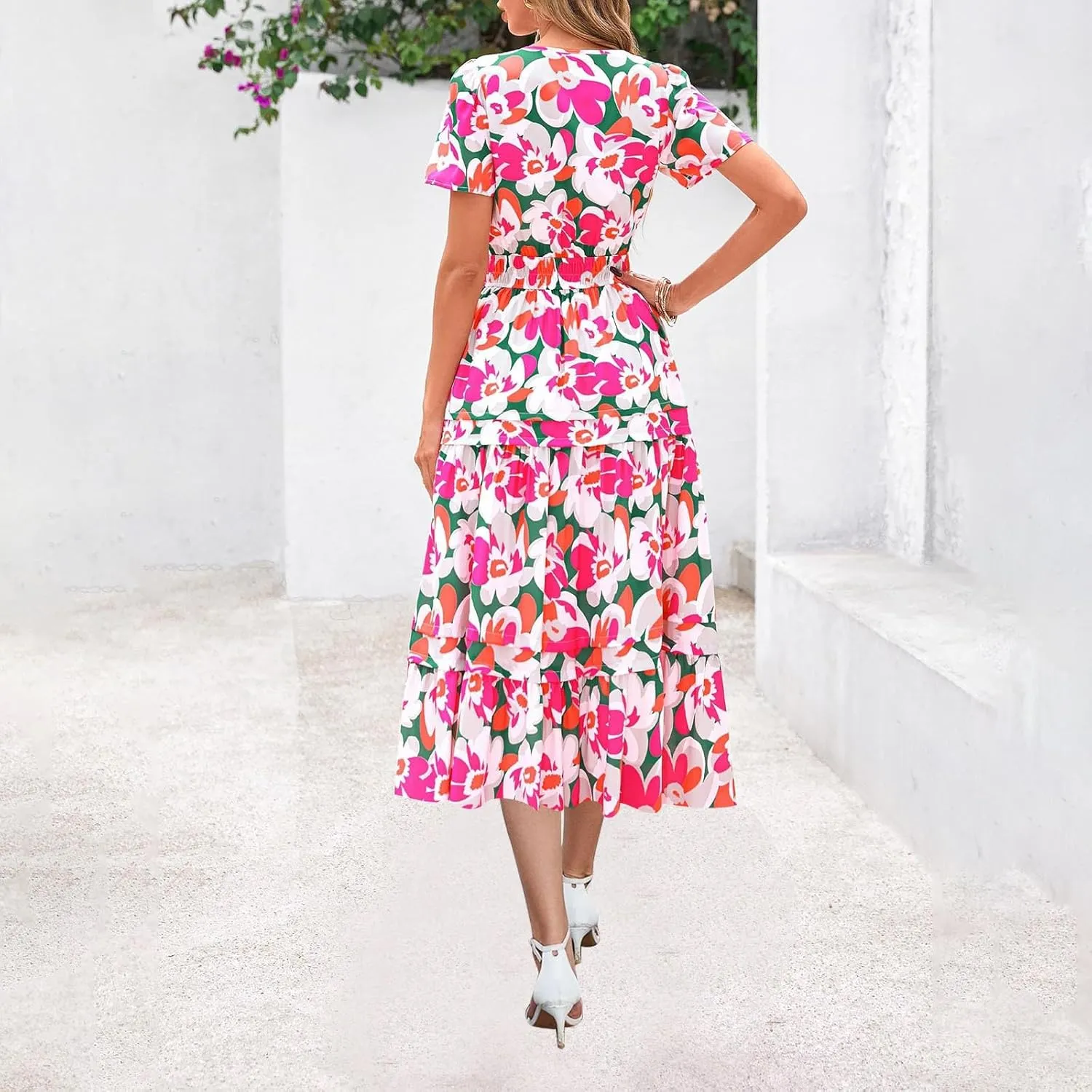 Women Short Sleeve Vintage Beach Dresses Boho Floral Print Sundress Fashion Flowy Casual Loose Clothes