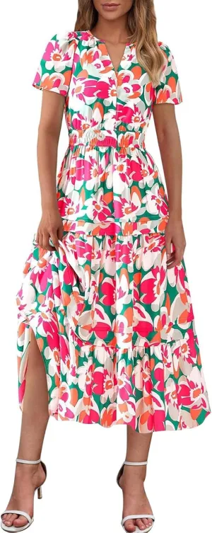 Women Short Sleeve Vintage Beach Dresses Boho Floral Print Sundress Fashion Flowy Casual Loose Clothes
