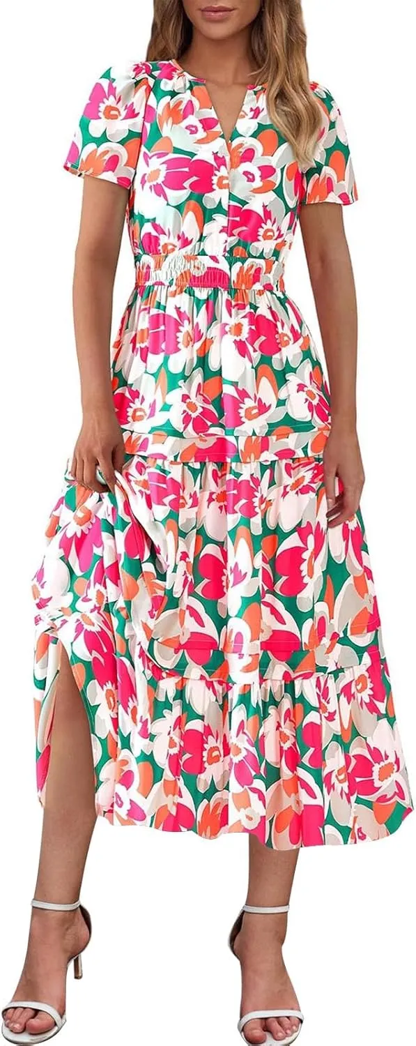 Women Short Sleeve Vintage Beach Dresses Boho Floral Print Sundress Fashion Flowy Casual Loose Clothes
