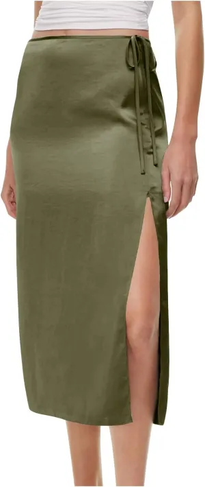 Women Split Slit Thigh Long Skirts High Waisted Midi Skirts Tie Up Solid Casual Sexy Elegant Soft Skirt 2025
