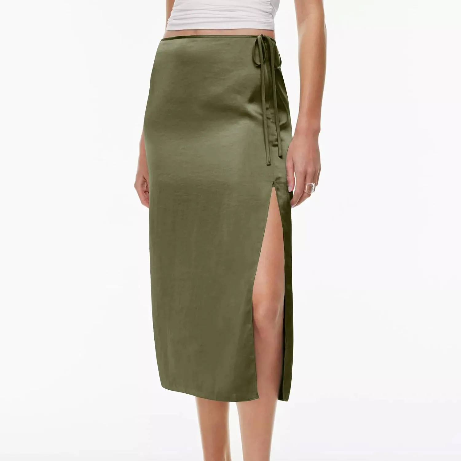 Women Split Slit Thigh Long Skirts High Waisted Midi Skirts Tie Up Solid Casual Sexy Elegant Soft Skirt 2025