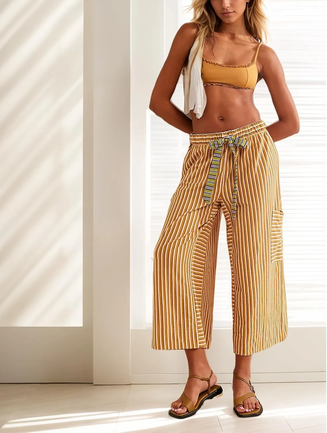 Women Striped High Waist Wide Leg Palazzo Pants Trousers Drawstring Cropped Pants with Pockets Capris Pants