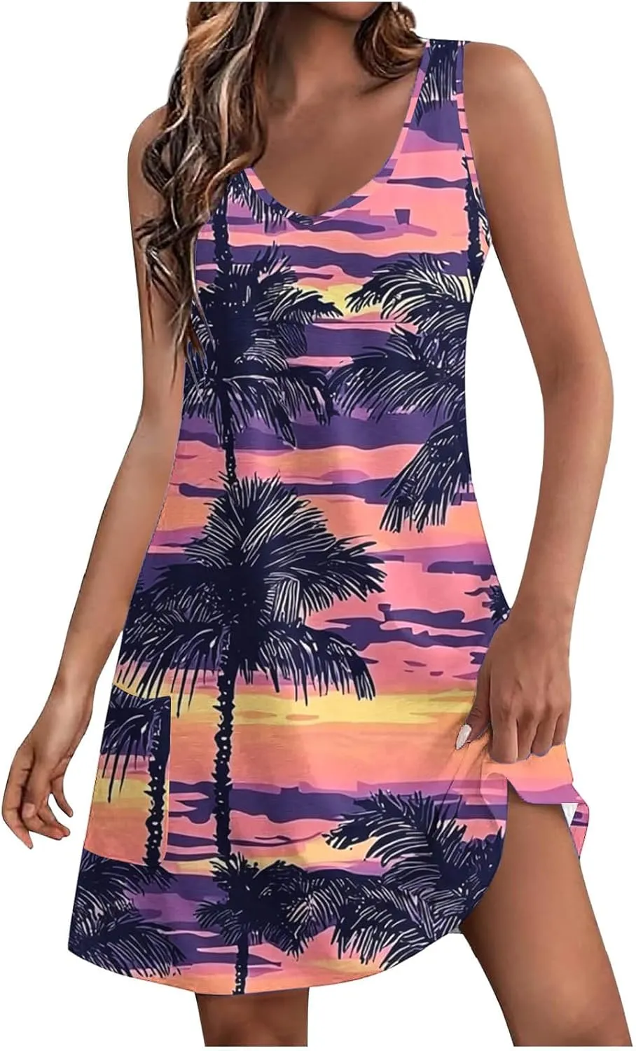 Women Summer Boho Tank Dress Sleeveless Beach Cover Up with Pockets Casual V Neck Dresses Holiday Sundress Outfits