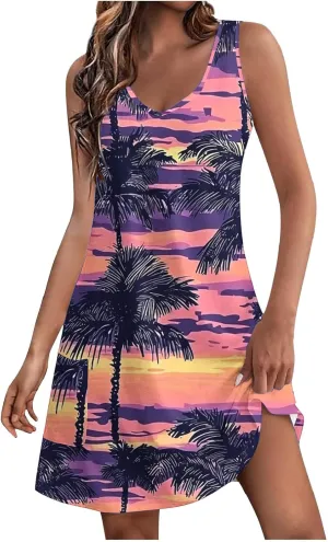 Women Summer Boho Tank Dress Sleeveless Beach Cover Up with Pockets Casual V Neck Dresses Holiday Sundress Outfits
