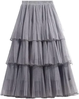 Women Summer Cake Skirt Tulle Skirts Fashion Elastic High Waist Midi Skirt Pleated Female Skirts