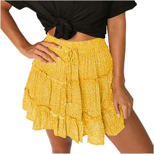 Women Summer Cute High Waist Ruffle Skirt Floral Print Swing Beach Mini Skirt Tennis Skirts for Girls