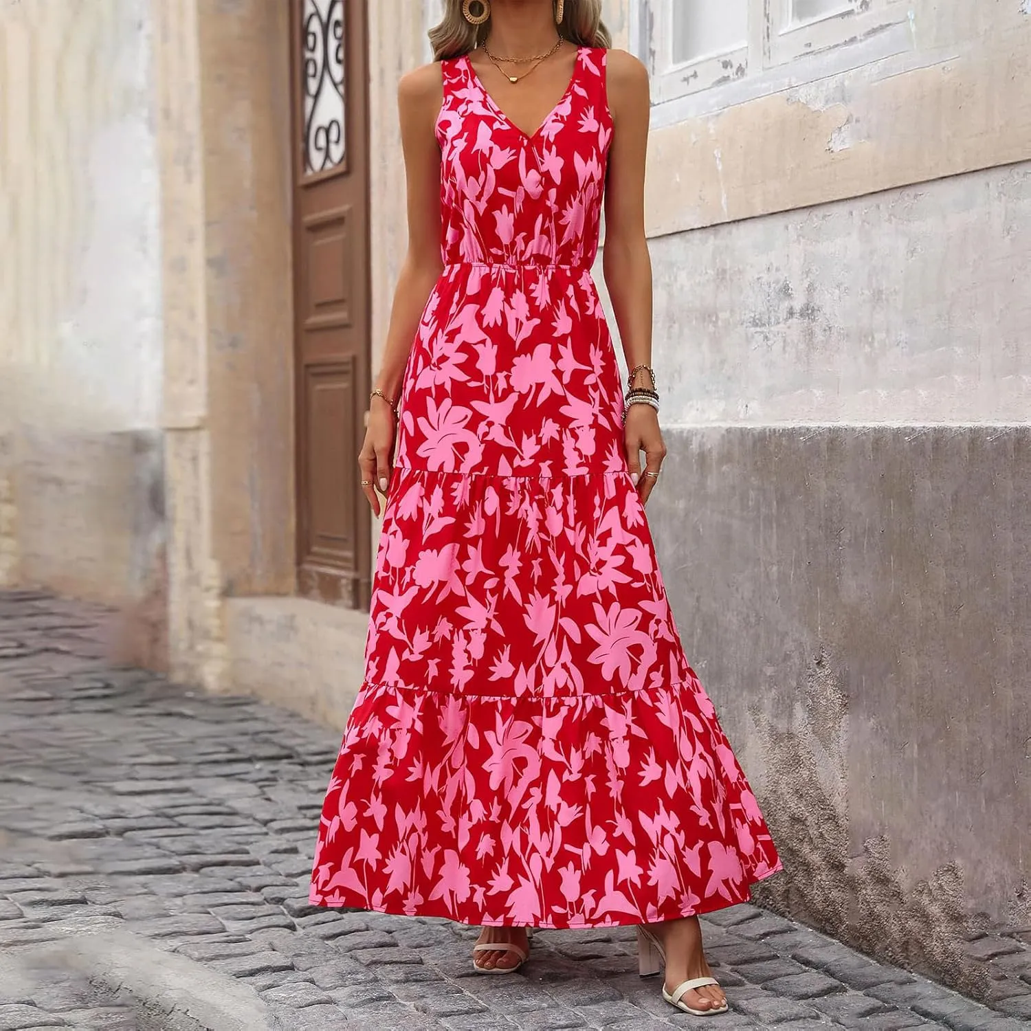 Women Summer Dresses Casual Sleeveless Maxi Dresses Cute Flowy Floral Dress Boho Long Dress Hawaiian Beach Dress