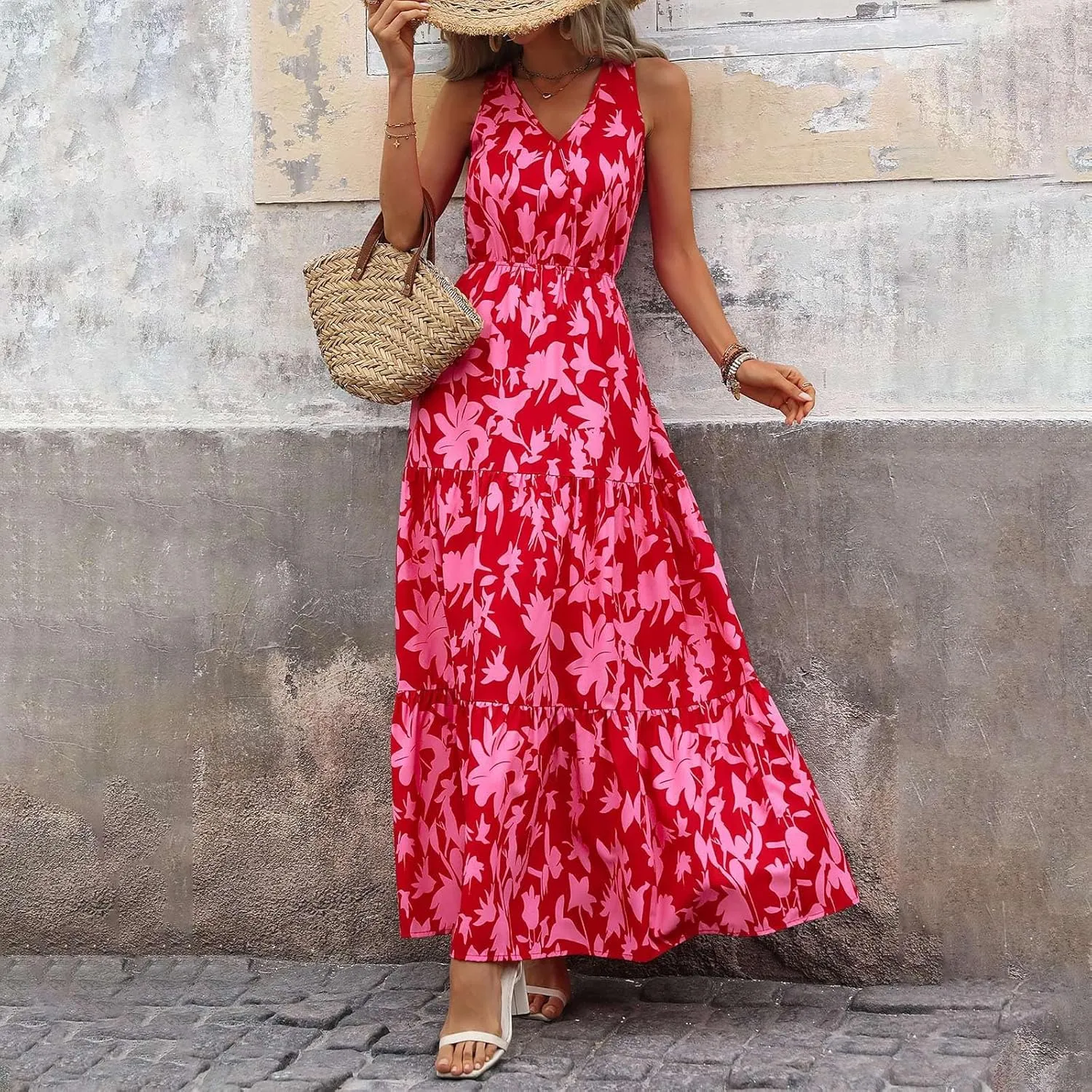Women Summer Dresses Casual Sleeveless Maxi Dresses Cute Flowy Floral Dress Boho Long Dress Hawaiian Beach Dress